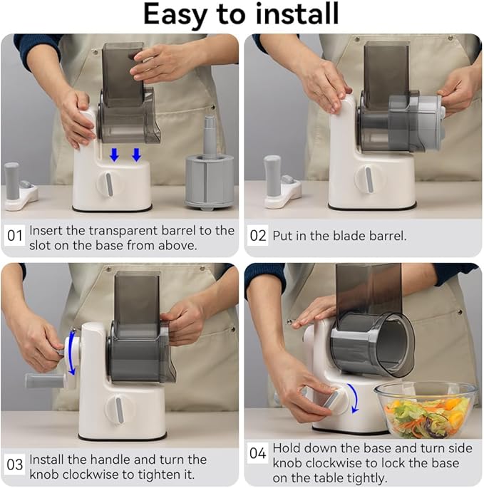 Safe Vegetable Mandoline Slicer Large Multifunctional Rotary Cheese Grater Hand Crank Easy Rotating Veggie Shredder Anti-Cutting, 3 Interchangeable Blades (WhiteGrey)