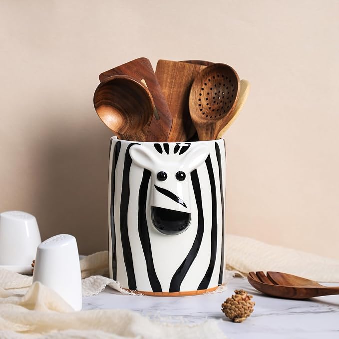 SOCOSY Zebra Shaped Ceramic Kitchen Utensil Holder For Countertop Large Cooking Utensil Crock Holder Spatula Holder, Kitchen Countertop Decoration-Black B