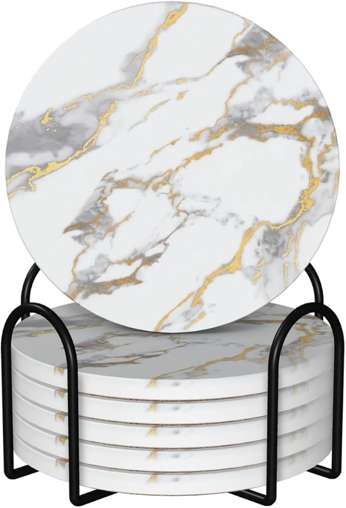 White Gold Marble Set of 6 Drinks Ceramic Coasters with Holder Funny Absorbent Cup Coasters with Cork Desk Table Protection Coffee Table Decor