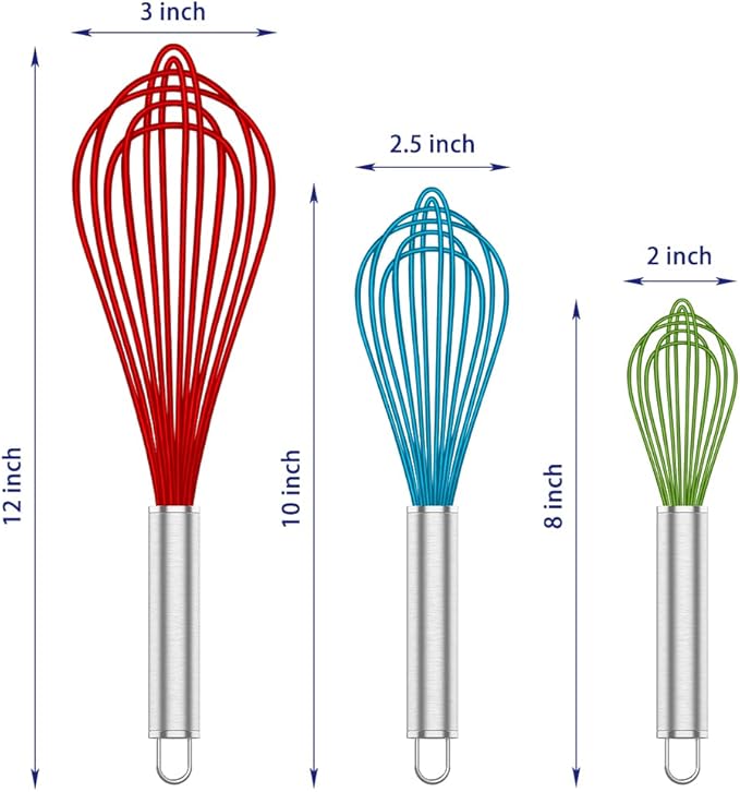 OYV Silicone Rubber Whisk,Premium Whisks For Cooking Non Scratch,Stainless Steel & Silicone Wisk For Nonstick Cookware Pans, High Heat Resistant kitchen Whisks set of 3,Red+Blue+Green