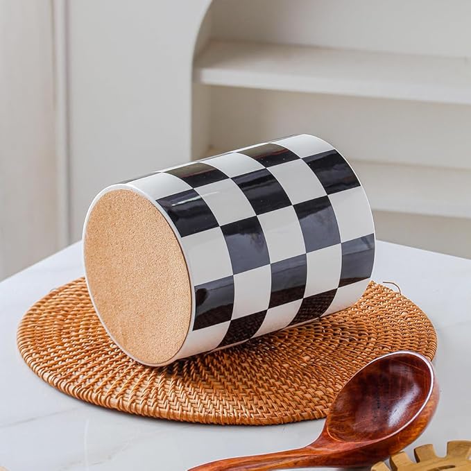 Kitchen Utensil Holder, 6.3 Inch Checkered Ceramic Cooking Utensil Holder Modern Utensil Crocks for Kitchen Counter-Farmhouse, Housewarming Gift, Decor and Accessories (Black, 6.3 Inch)