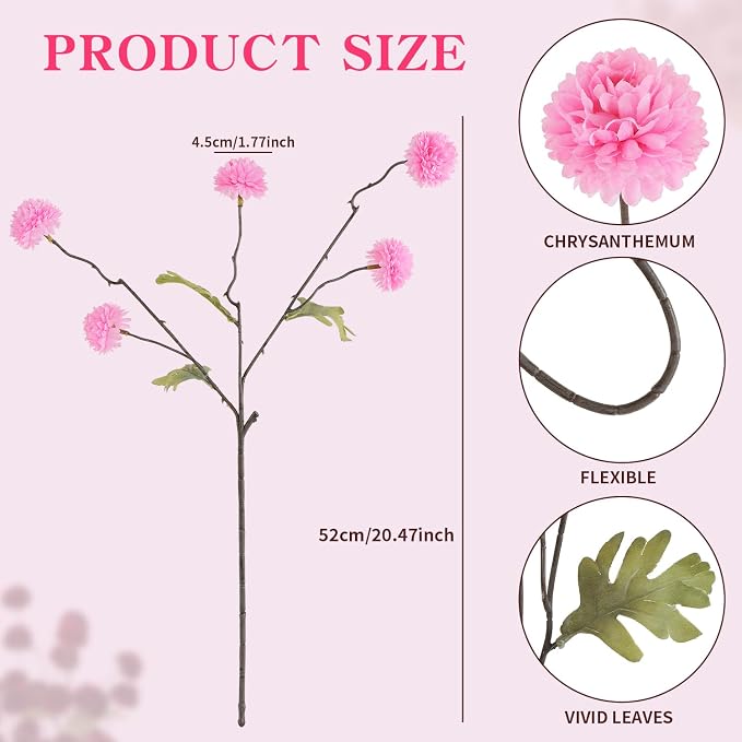 DuHouse 6pcs Artificial Flowers Faux Silk Pompon Mum,Silk Small Mini Chrysanthemum Ball with Stems for DIY Bouquets Centerpieces Vase Home Table Kitchen Decorations(Pink)