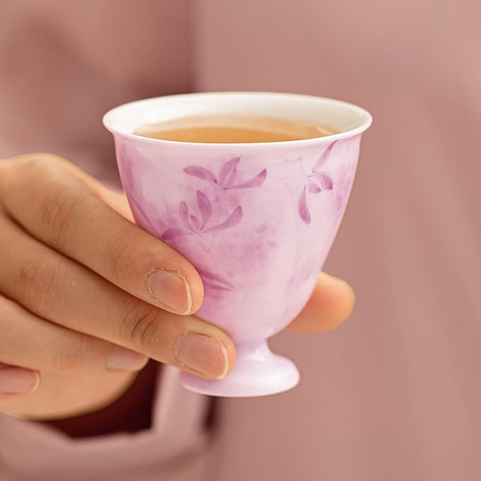 KAMMAK Ceramic Tea Cups Small, Cute Vintage Coffee Cup Set of 2, Porcelain Teacups Espresso Mug, 2.8oz Hand Painted Chinese Afternoon Tea Party Mugs, Birthday Gift for Women Men, Youlan Flower
