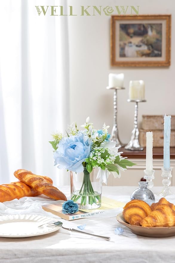WELL KNOWN Artificial Flowers in Glass Vase with Fake Water, Silk Rose Dahlia Peony Flower Bouquet for Home Dining Coffee Table Office Hotel Wedding Party Lavatory Decor & Birthday Gift (Blue & White)