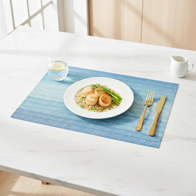 Placemats Set of 6, Vinyl Woven Placemats, Washable Heat-Resistant Durable Non-Slip PVC for Kitchen Dining Tables, Indoor/Outdoor Table Mats (Blue, 6)