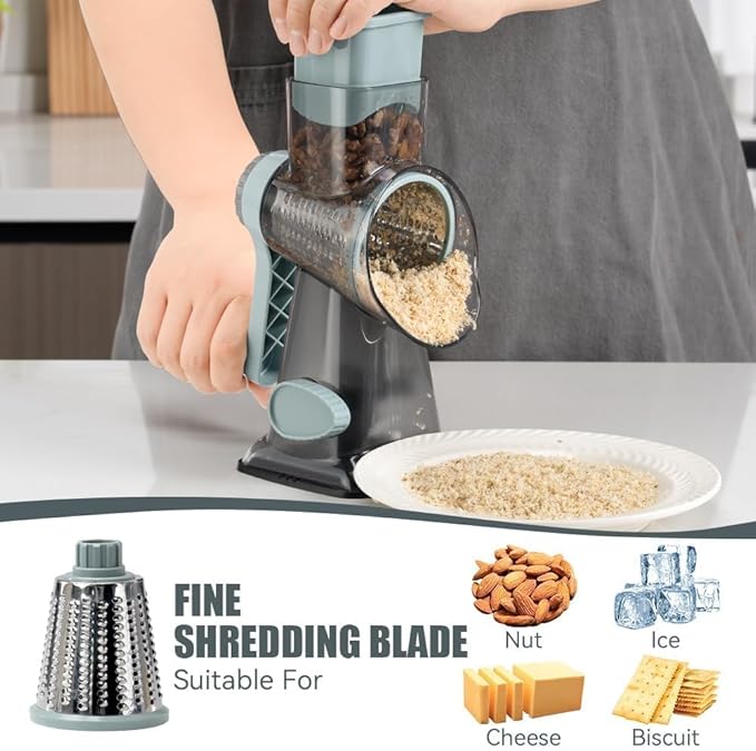 KEOUKE Rotary Cheese Grater Pro 6 in 1 - Shredder Crinkle Slicer Grinder Ice Shaver, Stable Suction, Time-saving Easy Use & Clean, Safe Morden Kitchen Tool for Cheese, Vegetable, Nuts, Chocolate