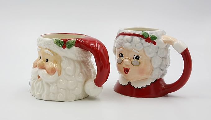 Fine Ceramic Christmas Holidays Mr. & Mrs. Santa Claus Mugs Set of 2 (2 Pieces Set), 5-3/4' L, White, Grey, Red