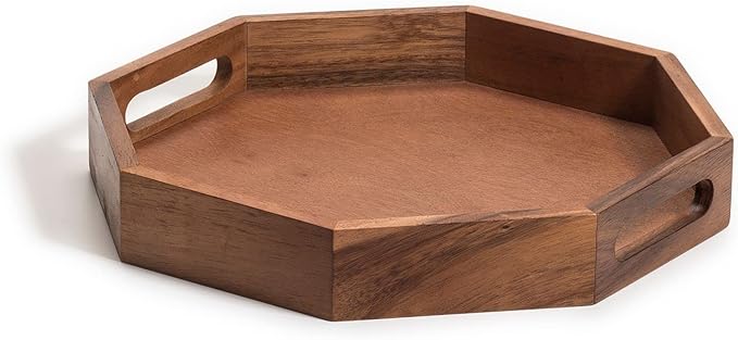 Acacia Wood Octagon Serving Tray – 13” Rustic Wooden Tray for Coffee Table, Kitchen or Home Decor