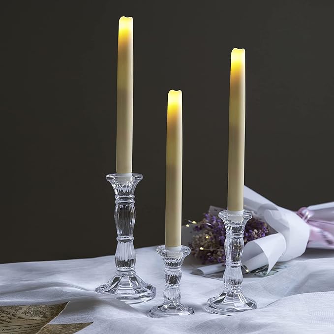 3 Pack Glass Candle Stick Holders - Clear Crystal Taper Candles Holder– for Buring Candles, Led Taper Candle,Party and Wedding Centerpieces, Table Decoration