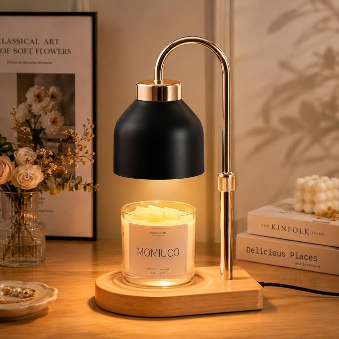 Candle Warmer Lamp with Timer, Height Adjustable Wax Melt Warmer | Modern retro black glass shade, wood base, aesthetic home decor, birthday gifts for women mom, jar candles dimmer