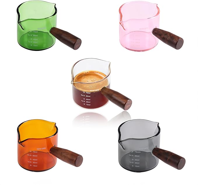 Handmade Espresso Shot Glass Double Spouts 3.5oz with American Walnut Handle, Espresso Measuring Cup, Double Spout Glass Measuring Cup, Milk Frothing Pitcher