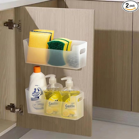 2 Pack Cabinet Organizer Storage, Adhesive Over Cabinet Door Organizer, No Drilling Space Saver Plastic Storage Containers Multi-Use for Kitchen Bathroom Office Bedroom, Translucent