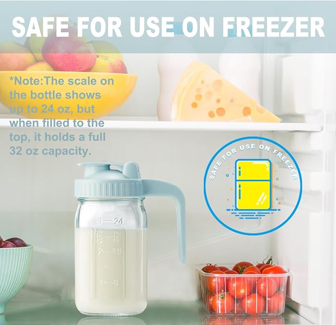 32oz Glass Pitcher with Lid & V-shaped Pour Spout - 1 Quart Double Leak Proof, Creamer Container for Sun Tea, Juice, Cold Brew Coffee, Breastmilk Storage Container
