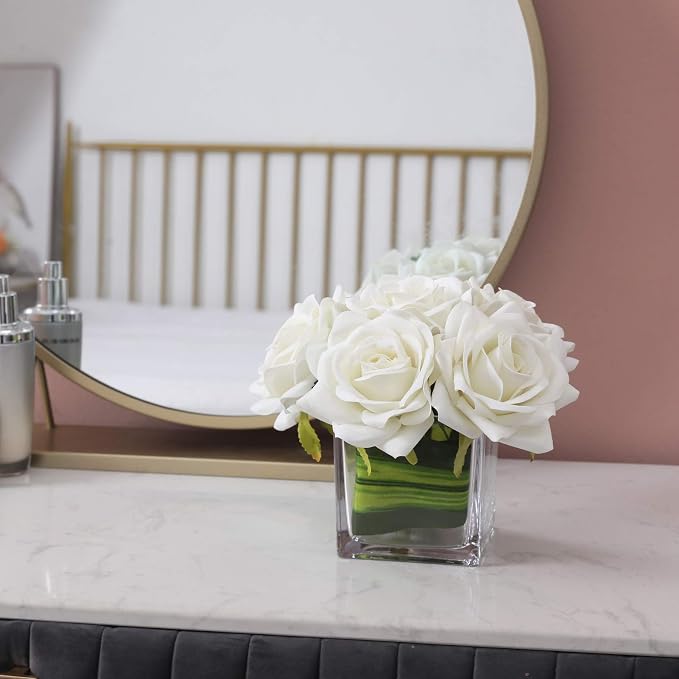 Fule Artificial Velvet Rose Flower Centerpiece Arrangement in vase for Home Wedding Decoration (Ivory)