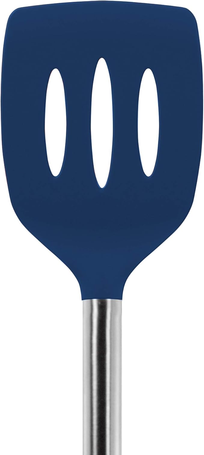 Tovolo Silicone Cooking Utensil Set of 6 Stainless Steel Handle Ladle Slotted Turner Tongs Flex Core Spatula Scraper Mixing Spoon & Potato Masher, Dishwasher Safe BPA Free Utensils, Deep Indigo