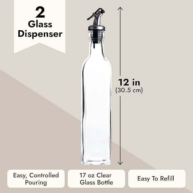 Juvale Olive Oil Dispenser Bottle - 17 Fl Oz (500 ml), Clear Glass, 2-Pack - Oil & Vinegar Set for Kitchen - Airtight Pour Spouts & Lever-Release Lids - Salad Dressing Container & Vinegar Dispenser