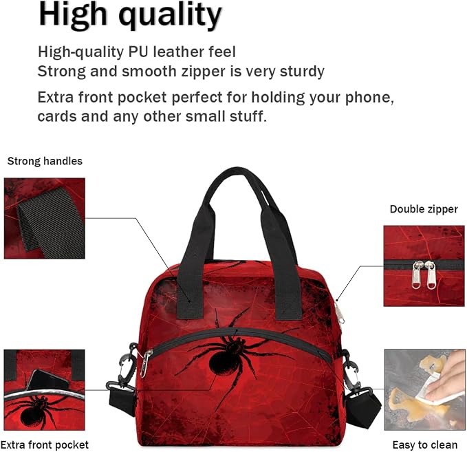 Spider Red Background Insulated Lunch Bag for Women Men Thermal Cooler Bag Adult Lunch Box with Shoulder Strap Reusable Lunch Tote Bag Large Containers for School Picnic Work Lightweight Handbag