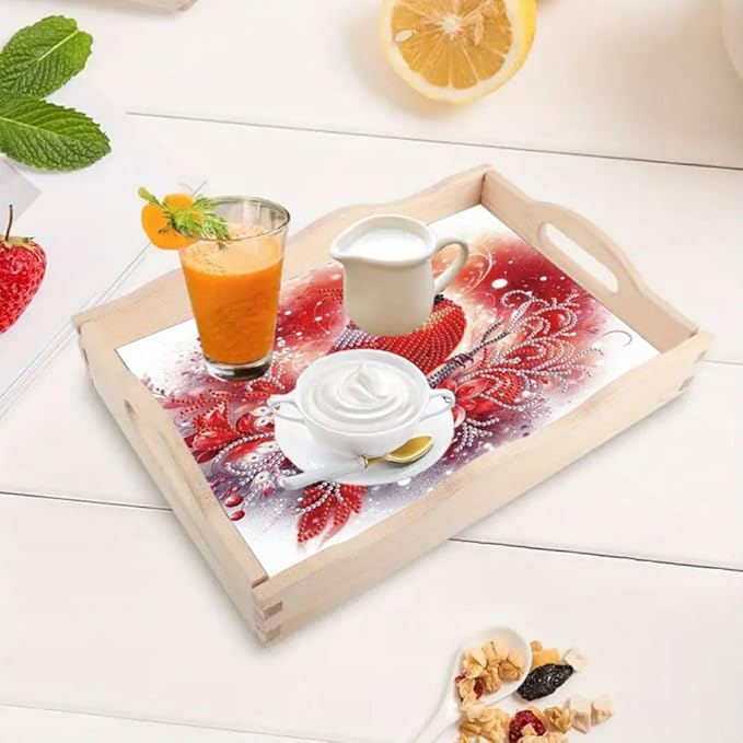DIY Diamond Serving Tray Diamond Art Painting Creative Design Handmade Wooden Tray Dinner Plate for Coffee Breakfast Home Organizer-Cardinal