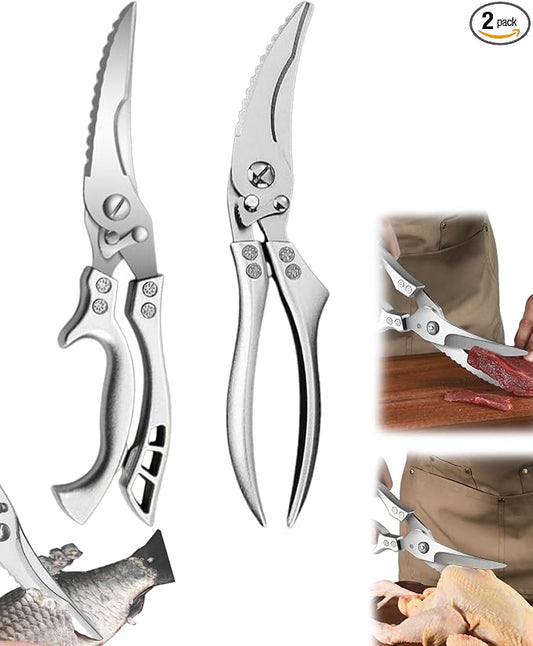 Stainless Steel Bone-Cut Kitchen Scissors, Heavy Duty Kitchen Scissors for Bone Cutting, Poultry Shears with Spring Loaded Handle, Multi-Function Snips for Chicken, Meat, Fish, Vegetables (A+B)