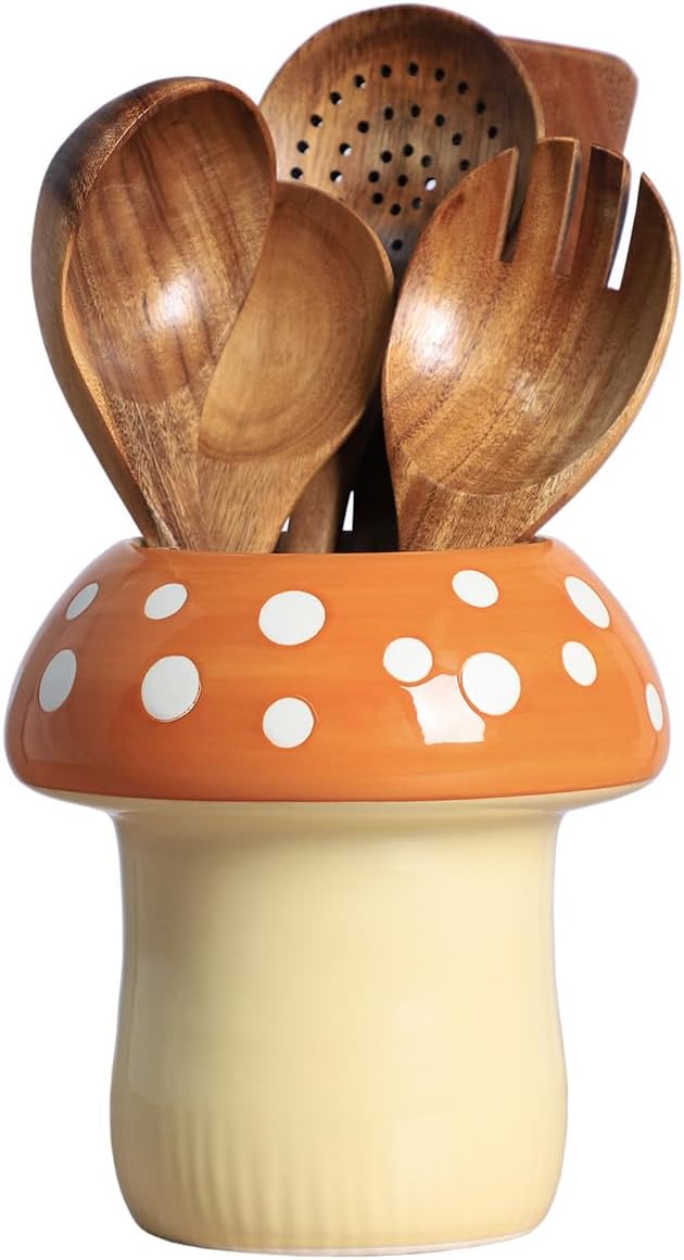 Mushroom Shaped Ceramic Kitchen Utensil Holder, Large Cooking Utensil Crocks for Kitchen Countertop, Ceramic Utensil Organizer for Spatula, Kitchen, Home Decoration-Brown
