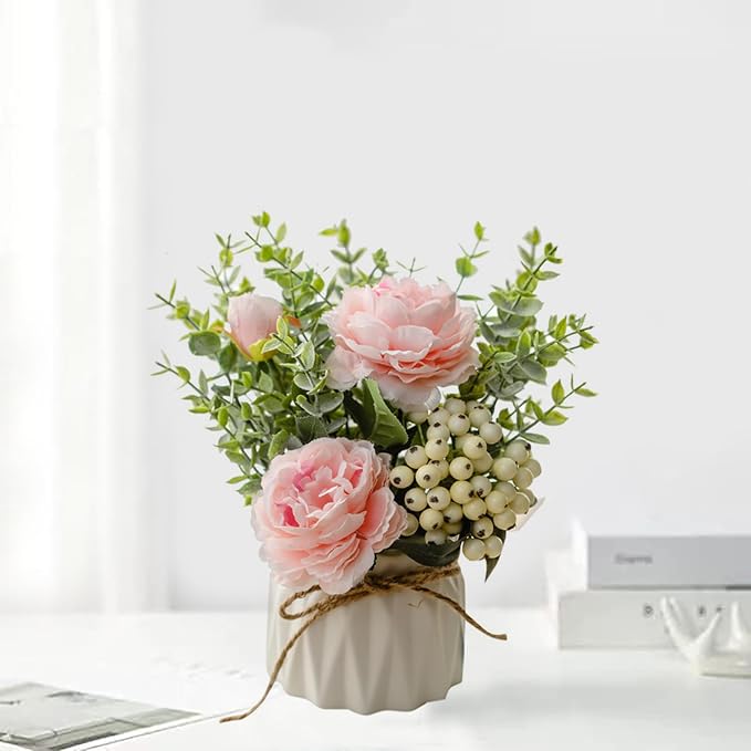EOBTAIN Fake Flowers in Vase Pink Silk Flowers for Coffee Table Decor Faux Potted Flowers Decoration for Indoor Ceramic Vase with Artificial Plants Flowers Home Decor,Dining Table Centerpiece.