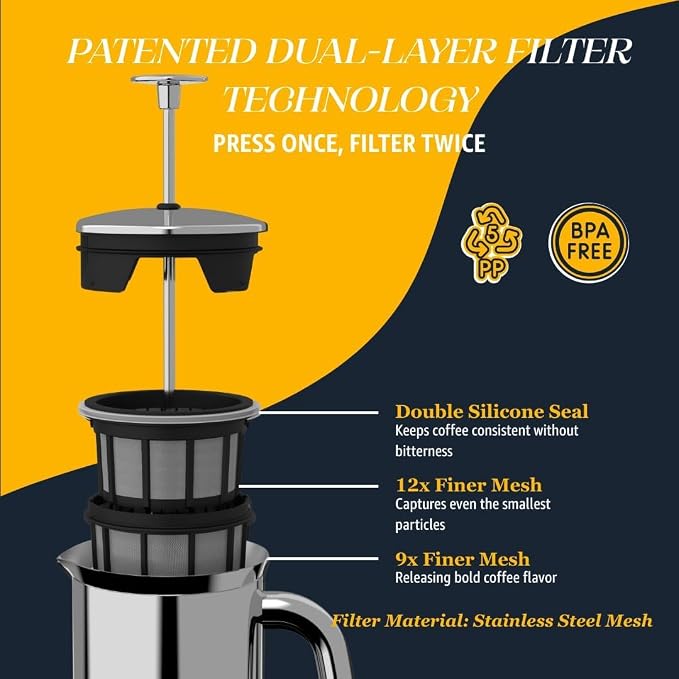 ESPRO Pro P7 French Press Stainless Steel 304 – Patented Double Micro-Filter for Grit-Free Coffee, Double Wall Insulated Coffee Maker, Plastic-Free & Heat Resistant - 18oz