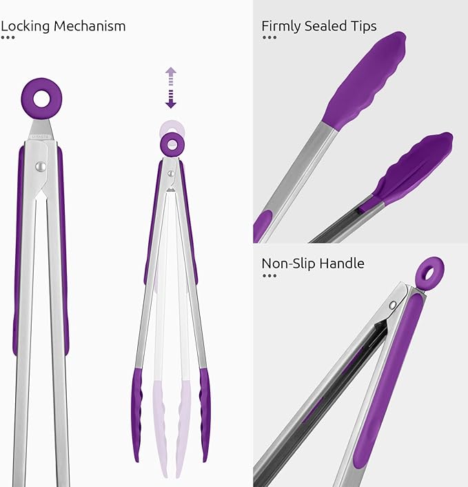 600ºF Heat Resistant Kitchen Tongs: U-Taste 12 inch Large Silicone Cooking Tong with Sturdy Non Stick Rubber Tips & Silicon Coated 18/8 Stainless Steel Handle & Smooth Locking for Serving Grill-Purple