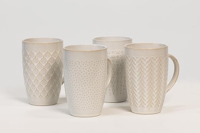 House Beautiful Versatile Classic Stoneware Mug Set – 22 oz, Set of 4 (Linen Hues)