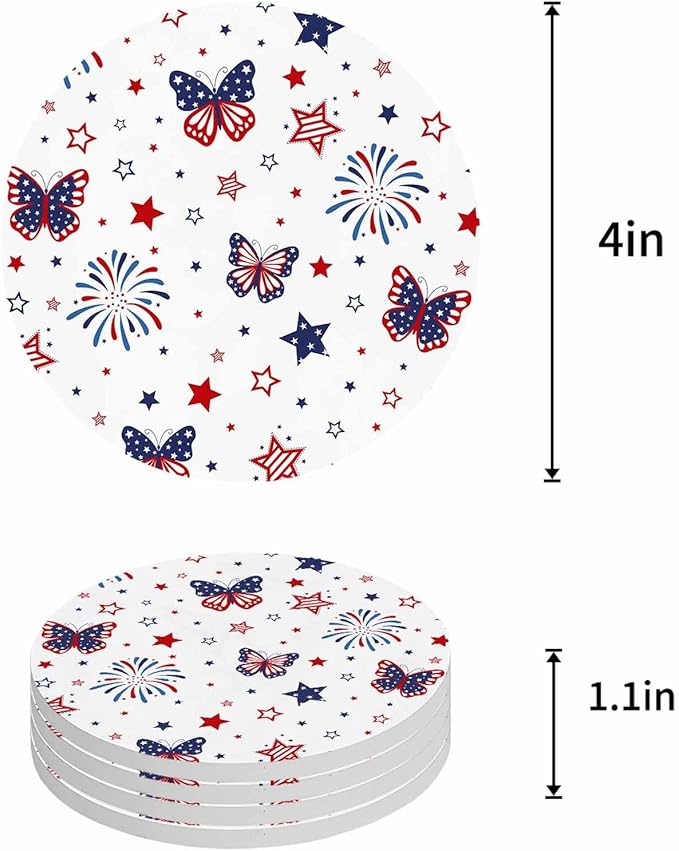 4th of July Coasters Set of 4 Stars Firework Butterfly Slate Drink Coasters with Holder Absorbent Stone Ceramic Cup Mat Blue Red Independence Day Coasters for Drinks Coffee Bar Office Decor Gifts