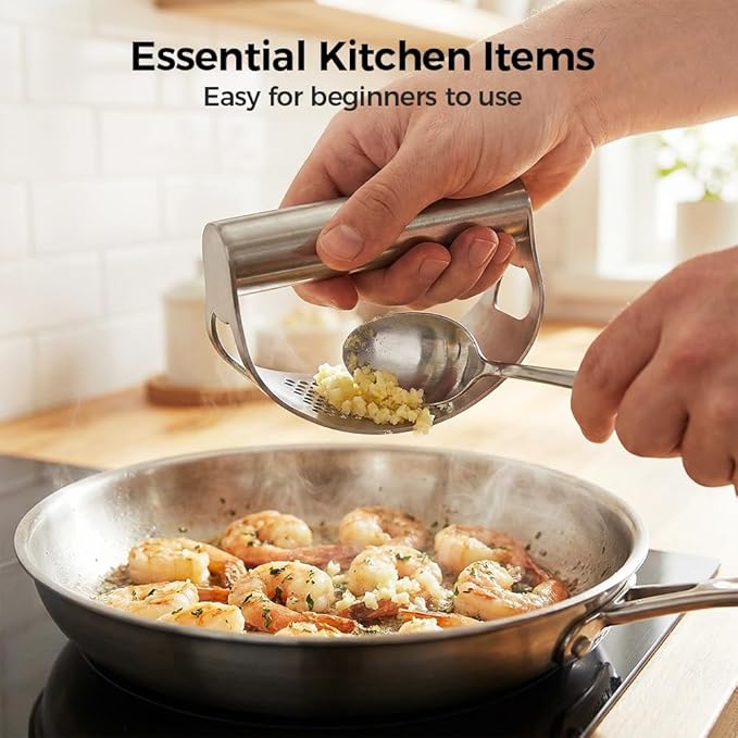 Kruggo Garlic Press Rocker, Stainless Steel Garlic Crusher, Mincer and Chopper with Peeler and Cleaning Brush, Comfortable Grip & Effortless Smashing, Essential Kitchen Tools (Crusher+Peeler- 2PCS)