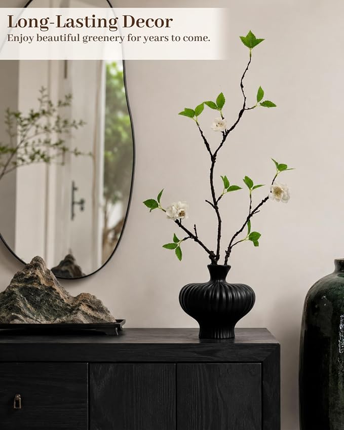 22'' Budded Faux Stem with Vase, 1pcs Artificial Greenery Plant for Centerpiece Table Decorations, Fake Branches in Vase for Farmhouse Living Room Bathroom Office Kitchen Decor - Black