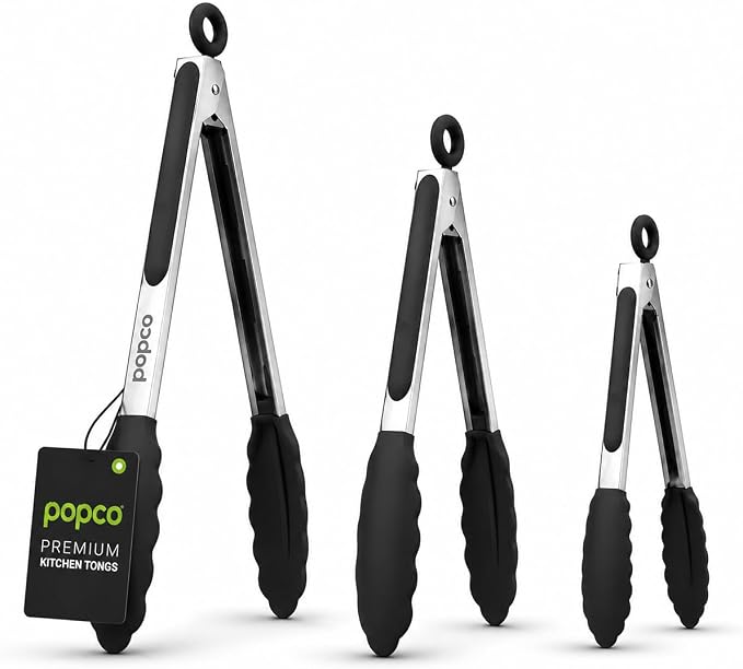 Popco 3-Piece Kitchen Tongs Set – Stainless Steel Heat Resistant Silicone Tips, Strong Comfort Grip, 3 Sizes (7, 9, 12 Inch), Non-Scratch, Dishwasher Safe, For Cooking, BBQ, Salad