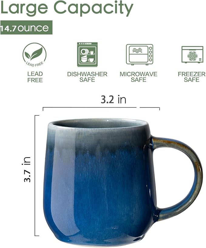 bestone Coffee Mugs Set of 4，15 oz Large Coffee Mugs, Ceramic Mugs with Handles,etc Coffee Mugs, Cups for Coffee Cereal Latte ，Microwave & Dishwasher safe，Vibrant Colors