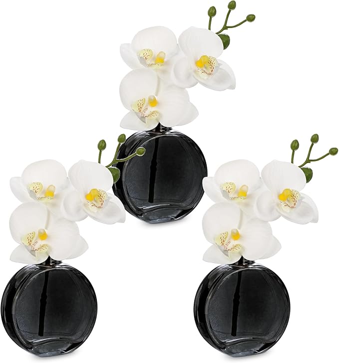 Oairse White Orchids Artificial Flowers Faux Orchids Arrangement in Black Glass Vases Set of 3 Real Touch Phalaenopsis Orchid Flowers Small Fake Orchid Centerpiece for Dining Room Table