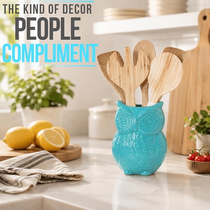 Comfify Owl Utensil Holder Decorative Ceramic Cookware Crock & Organizer, in Lovely Aqua Blue Color - Utensil Shaped Caddy and Perfect Kitchen Ceramic Decor Gift for Countertop - 5” x 7” x 4” Size