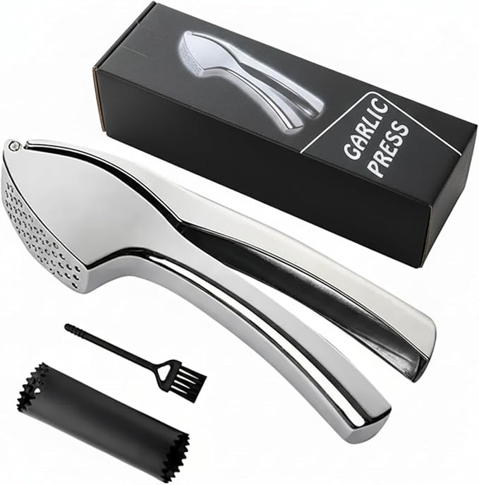Garlic Press, Garlic Peeler and Cleaning Brush as 1 Set, Heavy Duty and Rust Proof Garlic Press Made of 304 Stainless Steel for Home and Kitchen Tools, Easy to Use & Dishwasher Safe