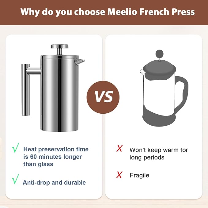Small French Press 350ml Coffee Maker, Double-Wall Insulated French Press Coffee Press Stainless Steel, Included 2 Extra Fliters and 1 Coffee Spoon (1 cup, 12 OZ)