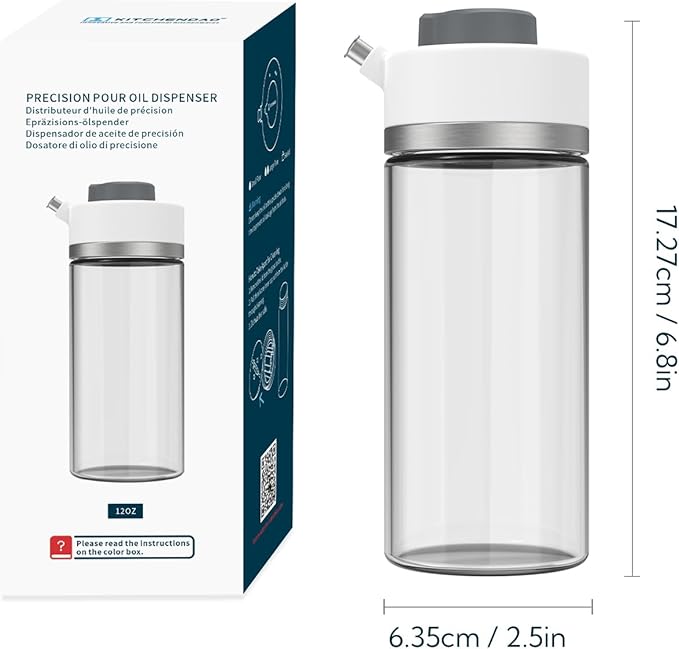 KITCHENDAO Precision Pour Glass Oil Dispenser with 3 Modes, Drip-free Spout, Two Adjustable Flowing Speed, 12 oz Vinegar Dispenser Bottle for Kitchen, Borosilicate Glass Olive Oil Bottle for Cooking