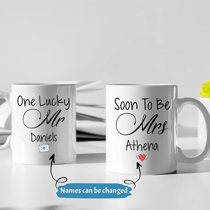 Customized Couple Mug For Valentines Day, Personalized One Lucky And Soon To Be Coffee Mug Gifts For Couple, Lover Gift, Set Of 2 Mug, Custom Women And Men Mug With Name, White 11oz Or 15oz