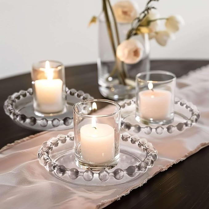 Efavormart 6 Pack Clear Glass Pillar Candle Holder Plates with Beaded Rims, Transparent Small Round Coasters Candle Trays - 4"