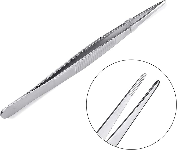 8 Inch Straight Tip Long Forceps Tweezers, Serrated Flat Tips Surgical Tongs Jewelers Needle Metal Sewing Sharp Kitchen Cooking Tweezers With Teeth Knurled Handles (1PCS-200mm)