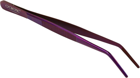 O'Creme Stainless Steel Precision Kitchen Culinary 8 Inch Tweezer Tongs (8" Curved, Purple)