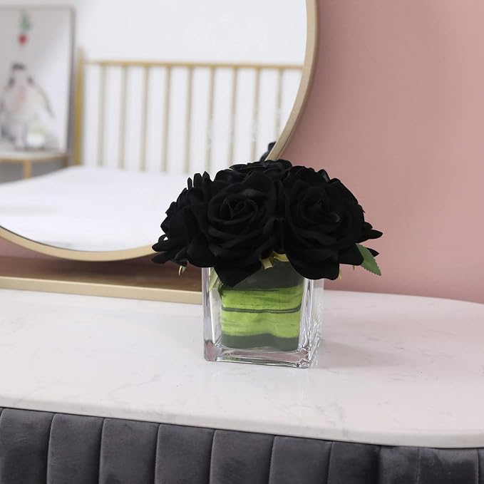 Fule Artificial Velvet Rose Flower Centerpiece Arrangement in vase for Home Wedding Decoration (Black)