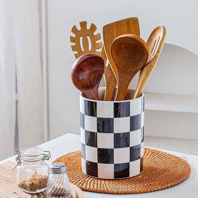 Kitchen Utensil Holder, 6.3 Inch Checkered Ceramic Cooking Utensil Holder Modern Utensil Crocks for Kitchen Counter-Farmhouse, Housewarming Gift, Decor and Accessories (Black, 6.3 Inch)