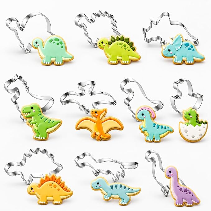 10-Pack Dinosaur Cookie Cutters, Stainless Steel Dino Baking Set | T-Rex, Triceratops and assorted dino shapes for cookies, fondant and sandwiches