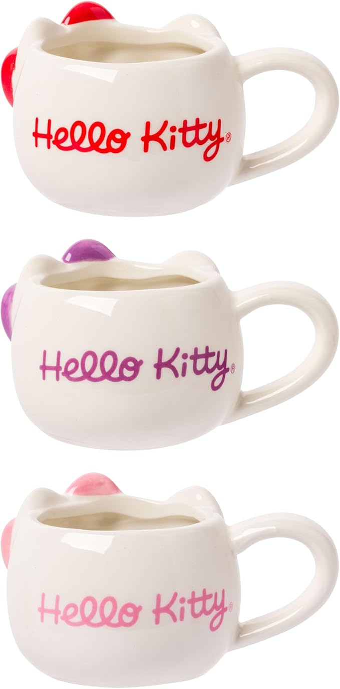 Silver Buffalo Sanrio Hello Kitty Different Color Bows 3 Pack Ceramic 3D Sculpted Mini Cup Set with Handles, Perfect as a Sugar, Cream, or Milk Set, 3.5 Ounces