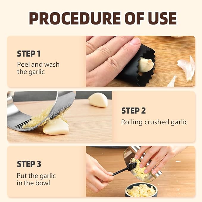 Stainless Steel Garlic Press, 2025 Upgraded Garlic Press Rocker Chopper, Garlic Crusher Mincer Tool with Peeler and Cleaning Brush, Easy to Clean Kitchen Gadgets (1)