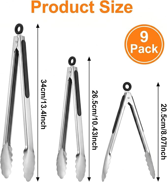 9 Pieces Stainless Steel Tongs, Kitchen Food Tongs 7 9 12 Inch | Heavy Duty Locking Tongs, Heat-Resistant Non-Slip Durable Metal Tongs for BBQ Cooking Grilling Outdoor Serving