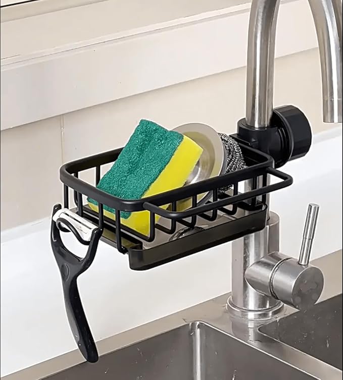 Kitchen Sink Faucet Organizer, Over Faucet Sink Organizer with Drip Tray, Adjustable Sponge Holder, Space Organizer Rack for 0.7-1.1 inch Round Water Pipe (Black)