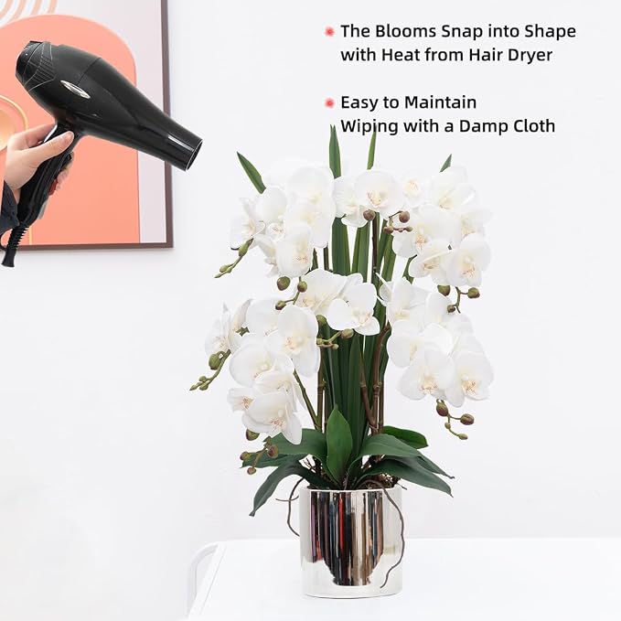 CXGS Artificial Orchid Flower Plants Real Touch Faux Orchids in Ceramic Vase 20.9'' White Phalaenopsis Orchid Fake Flower Arrangement Home Indoor Decor